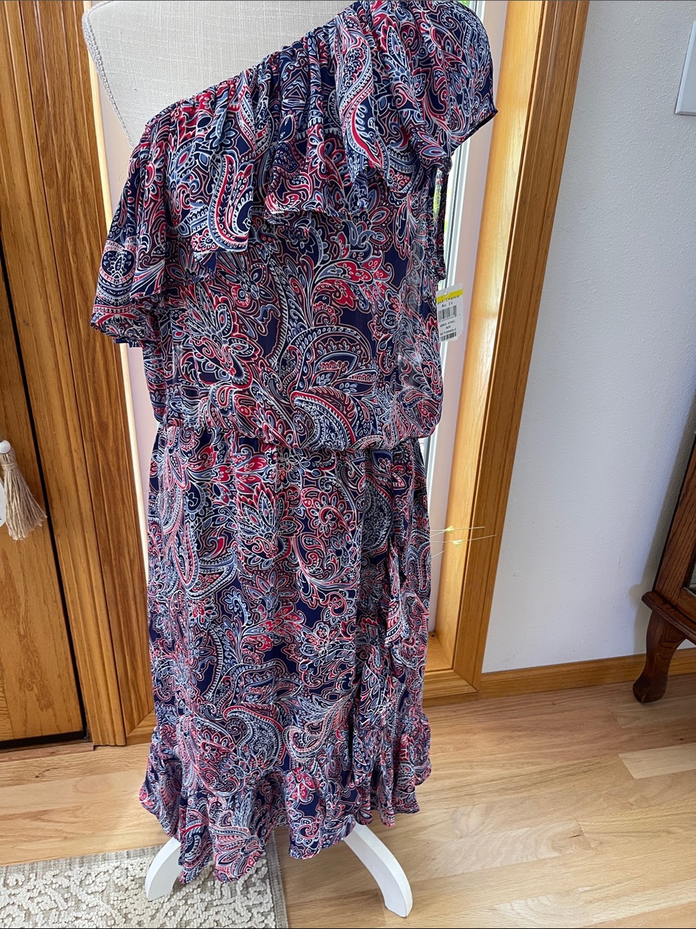 Parker One-Shoulder Navy, Pink & White Paisley Ruffle Dress